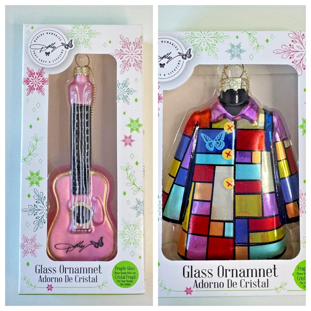 DOLLY PARTON Set of 2 Christmas Ornaments Pink Guitar & Coat of Many Colors NEW
